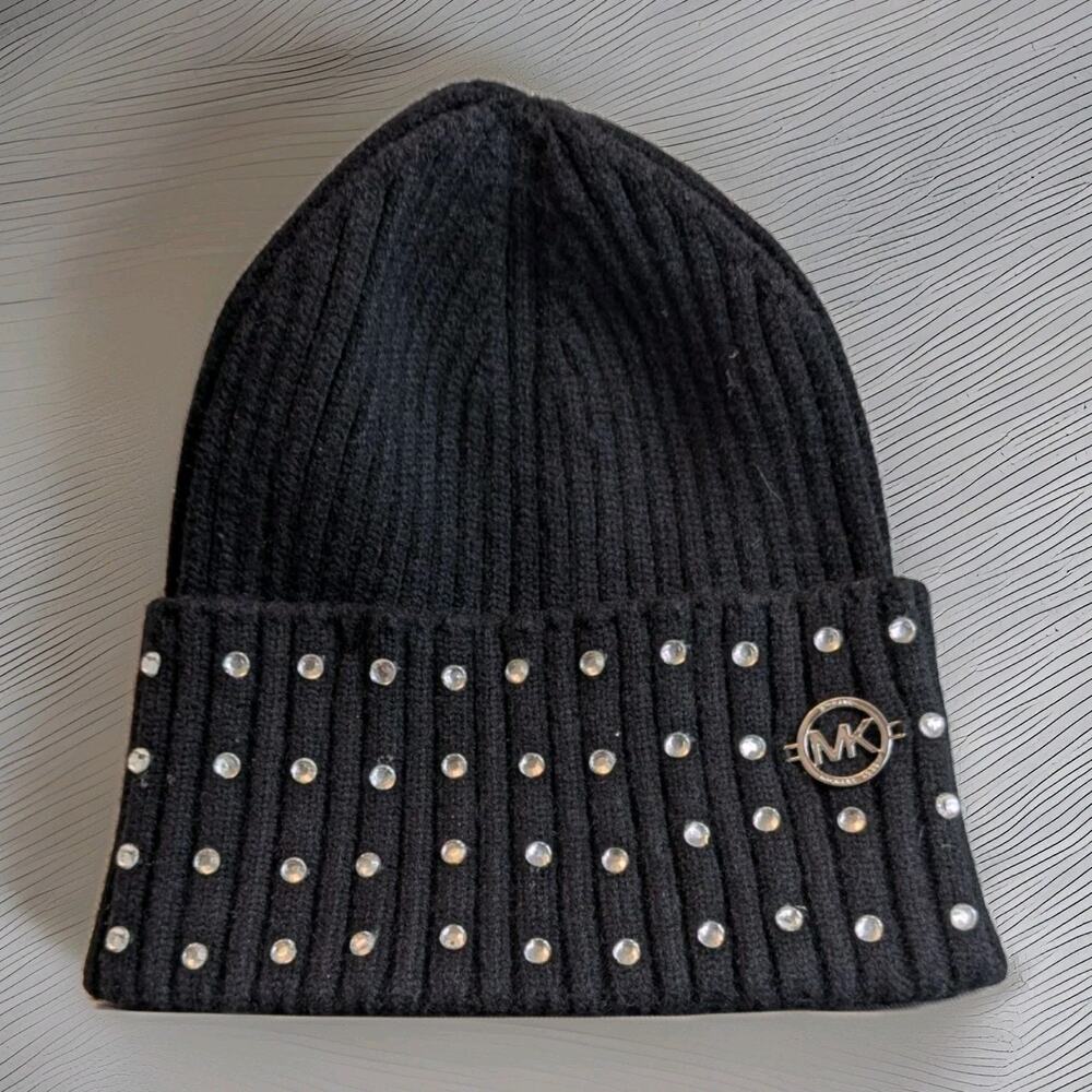 NWOT Michael Kors Women's Rhinestone & Stud Beanie Hat Cap Black With MK Emblem